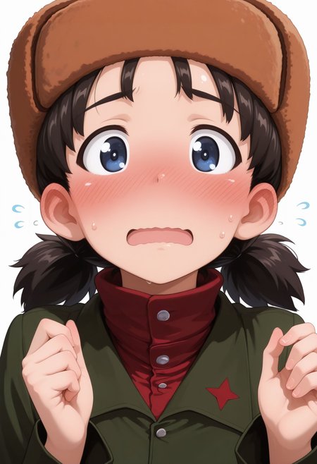masterpiece, best quality, amazing quality, very awa,
, <lora:Nina illu:1> 1girl, pravda school uniform, turtleneck, open mouth, ushanka, long sleeves, fur hat, short twintails, white background, brown headwear, red shirt, blush, green jacket, flying sweatdrops, black hair, upper body, simple background, short hair, sweatdrop, low twintails, embarrassed, wavy mouth