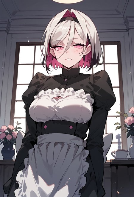 score_9, score_8_up,score_7_up, score_6_up, score_5_up, rating_explicit, 1girl, solo focus, multicolored hair, pink eyes, maid uniform, breast slit, fully body, standing, seductive,