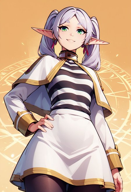 score_9, score_8_up, score_8, medium breasts, (curvy), cute, eyelashes,     
rating safe, 
BREAK, zzCitronCAT, 
zzFrieren, long hair, twintails, green eyes, grey hair, pointy ears, elf, shirt, long sleeves, jewelry, earrings, striped, capelet, striped shirt, white skirt, black pantyhose,
hand on hip, from below, 
BREAK,
smile, looking at viewer, cowboy shot, 
abstract magic circle background, 
zPDXL, Expressiveh