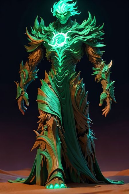 monster of branched wood titans in armor, full-length, angry look, shining thirst, glow of malachite veins, wood carved grace, random leaves, endless desert, sand dunes, sunset, high resolution, hyper detail, fantasy, hyperrealistic, aesthetic,