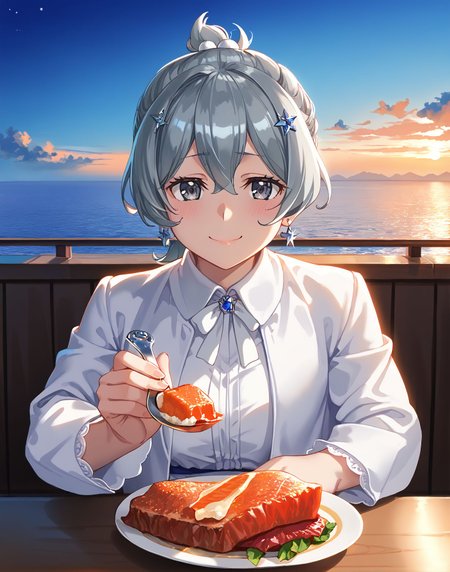 score_9,score_8_up,score_7_up,masterpiece, best quality, <lora:WHM 0.2v:0.5>, WHM, 2D,anime,  
red eyes male and grey eyes  female, 
 1girl, incoming food, holding spoon, pov across table, seductive smile, sitting, pov feeding,steak in spoon,white  table sheet, circle table,
<lora:IncomingFood_pdxl_Incrs_v2:0.9>, 
 fantasy, 
outdoors, night , huge cruise ship restaurant, cruise ship restaurant,  star,sky,  sea,deck,crowded,cloudy sky, 
<lora:Cruise_ship:1>
BREAK
<lora:DanMachi_SyrFlovaXL:0.8>  short hair, short ponytail, grey hair, grey eyes, hair between eyes, hair bobbles, earrings, SyrDate, cropped jacket, white jacket, collared shirt, (white shirt), long sleeves, bow skirt, pleated skirt, white skirt, white bow , thigh gap,  embarrassed, happy,