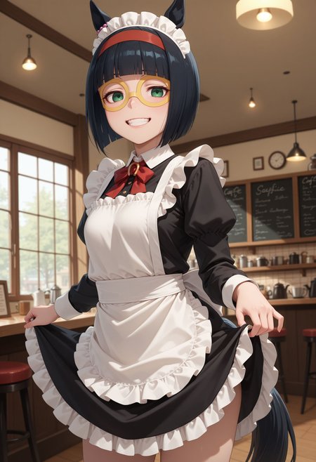 masterpiece, best quality, amazing quality, very awa,absurdres,newest,very aesthetic, looking at viewer,
<lora:Mini the Lady noob:1>,
1girl, short hair, bob cut, blunt bangs, black hair, red hairband, animal ears, horse girl, horse tail, green eyes, teeth, ear ornament, yellow glasses, smile, indoors,cafe,(maid:1.4),maid headdress,apron,(skirt hold:1.2),standing,cowboy shot,smile,, maid headdress, apron