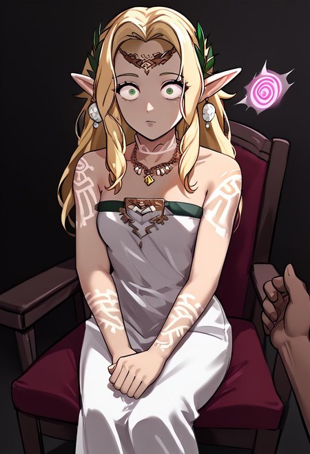 Sonia hypnotized,
score_9, source anime, lewd, 1girl, smooth,
mind control, hypnotized, constricted pupils, wide eyes, expressionless, slack jaw, 
sitting, chair, one pov hand, ((pov snapping fingers)), (female hands on armrests),
Sonia_TOTK, (Dark-skinned female), long blonde hair, tattoo, bare shoulders, pointy ears,green eyes, white dress, jewelry,