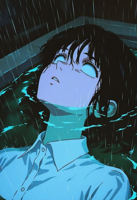 GLTST, Glitch, , solo, black hair, 1girl, collared shirt, rain, shirt, partially submerged, parted lips, short hair, water, looking up, white shirt, bangs, white eyes