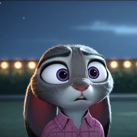 judyhopps confused, dark, night, backlighting, solo, pink shirt, jeans, arms at sides, front view, portrait <lora:judyhopps-v1-ponyv6xl:1>