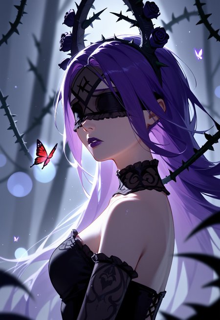 score_9,score_8_up,score_7_up,source_anime,year 2023,1girl,solo,red black and purple theme,strong picture,dark,upper body,side_face,sad,parted_lips,looking back,floating purple hair,black dress,bare shoulders,{{{delicate and beautiful eye}}},gothic,black rose,thistles and thorns,flora,fog,red butterfly,underlighting,bokeh,blurry background,strong visual impact,film lighting,from side,SyndraWR, 1girl, solo, black halo, purple long hair, blindfold, purple lips,
