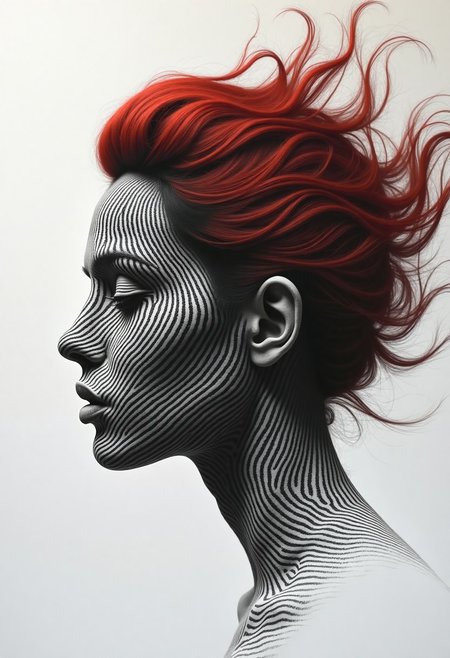 Surreal A human face emerges from an intricate composition of dark grey fingerprint patterns on a pristine white background. The facial structure and features are formed entirely by overlapping fingerprint swirls and ridges, with varying densities creating depth and dimension. The fingerprint impressions are sharp and precise, revealing every minute detail and ridge pattern. Minimalist artistic design with dramatic black and white contrast and precise line work. This is all contrasted by long red flowing hair.