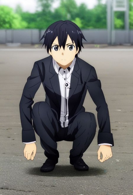 high resolution, professional photography, solo, best quality, 1Boy, Kazuto Kirigaya, Black Hair, Black Eyes, lofi, candid, squat, depth of field, photo model, looking at viewer, OverallDetail
