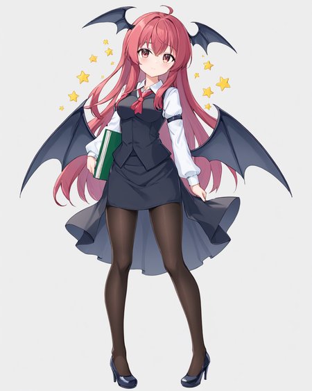 koakuma,1girl, solo, head_wings, high_heels, white_background, simple_background, full_body, long_sleeves, looking_at_viewer, black_pantyhose, black_footwear, bat_wings, holding_book, white_shirt, black_skirt, medium_breasts, pencil_skirt, collared_shirt, blush, low_wings, standing, demon_wings, black_vest
<lora:koakuma_image4390_2023-12-14-000008:1>,star-shaped_pupils,symbol-shaped_pupils,. gorgeous,key visual, vibrant, studio anime,award-winning, professional, highly detailed,high budget, cinemascope