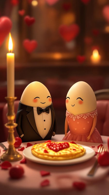 Create a funny Valentine's Day image featuring a romantic egg couple on a fancy dinner date. One egg is dressed in a tiny tuxedo, the other in a cute dress, both sitting at a candlelit table.  A heart-shaped omelet is served on a plate as their meal. The background is a cozy, romantic restaurant setting with soft lighting and heart decorations