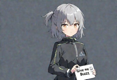 girl, sign in hand that says "give me buzz 4 model training"