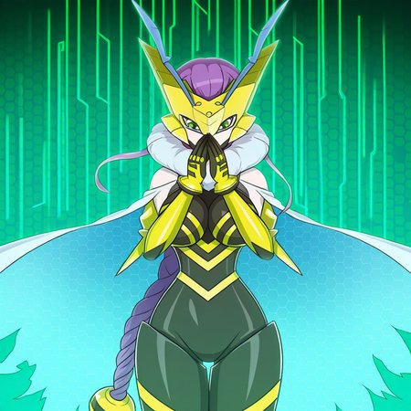 highres, best quality, masterpiece, very aesthetic, newest,1girl,solo,queenbeemon,antenna,purple hair,braided ponytail,hair ornament,green eyes, <lora:QueenBeemonIllustrious:1>,  cowboy shot,hands over mouth,suprised,3d,game cg,digimon story cyber sleuth,wireframe buildings,digital realm,binary code,cape
