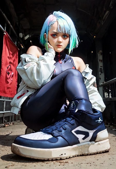 cinematic digital concept art, 
saturated colors, 
<lora:cyberpunk-lucy-s1-ponyxl-lora-nochekaiser:1>, lucy, short hair, bangs, blue eyes, blue hair, multicolored hair, makeup, multicolored eyes, large breasts,
bare hips, bodysuit, jacket, leotard, monowire, off shoulder, off-shoulder jacket, open clothes, open jacket, skindentation,
boots
hud_sh03_sh0w, foreshortening, looking at viewer, sneakers
g4g, covered mouth, mouth silhoutte, star spangled banner mask, (nose)
framing device, leading lines, fast shutter, negative space,