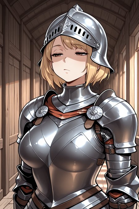 masterpiece, best quality, 1girl, solo,  <lora:reashley-illu-nvwls-v1-000006:1> reashg, blonde hair, short hair, brown eyes, breasts, helmet, full armor, medieval armor, hallway, half-closed eyes, bored, wooden walls, full helm