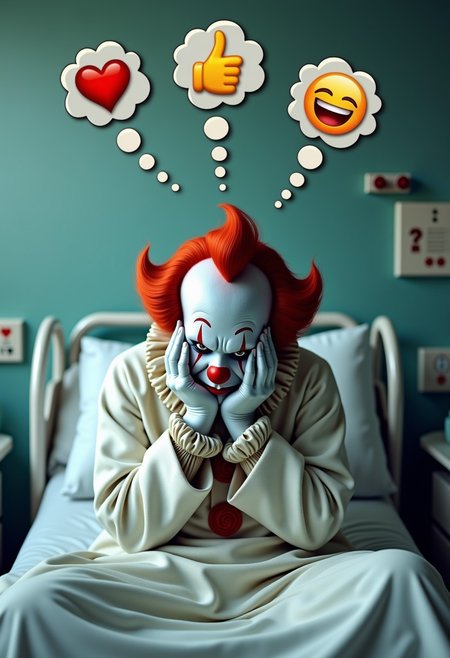 A depressed, sad, run-down, scary clown wearing a white bathrobe is sitting on a bed in a hospital room. He is leaning forward with his hands covering his face.
The image looks photorealistic with great attention to detail. At the top of the image are 3 thought bubbles coming from the clown: one has a heart emoji, a thumbs up emoji, or a laughing emoji