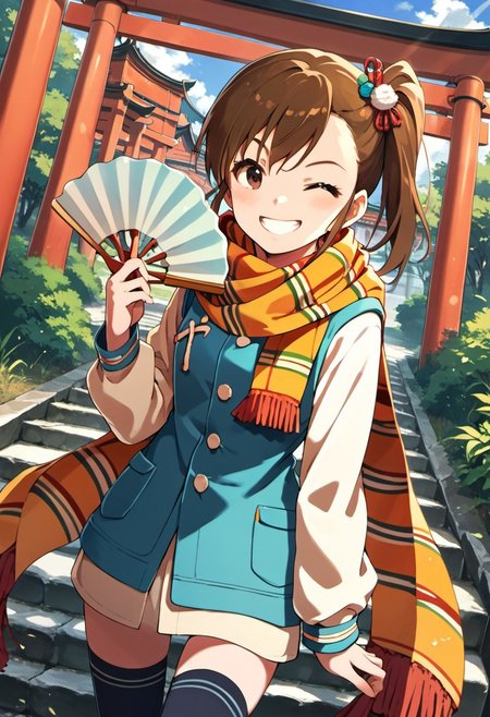 score_9, score_8_up, score_7_up, source_anime, futami mami, brown hair, side ponytail, brown eyes, 1girl, one eye closed, thighhighs, scarf, v, smile, solo, grin, hand fan, hair ornament, looking at viewer, multiple torii