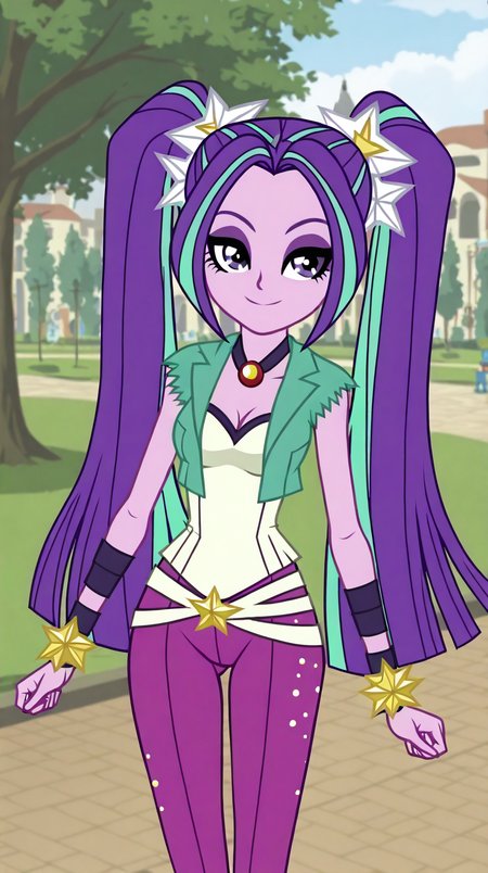 <lora:Aria_Blaze_Equestria_Girls_Rainbow_Rocks_illustrious:1>,aria,purple hair,purple eyes,long hair,twintails,streaked hair,star ornament,hair ornament,eyeshadow,colored skin,medium breasts,cleavage,tight pants,outdoors, park,