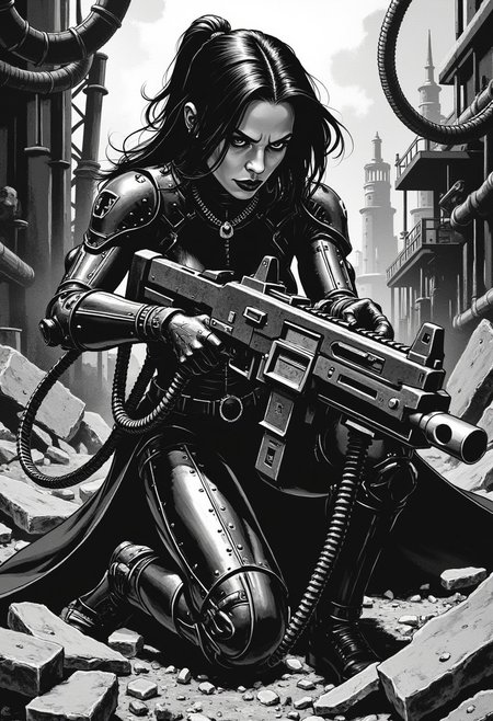 d4rkc0mic, comic-book style art, monochrome, The subject is dynamic action scene where a cybernetic woman with fully mechanical arms and legs taking cover behind some debri with a heavy machine gun, cyborg elements, post apocalyptic landscape, a lush landscape full of ruins and wreckages, expressive, symbolic, choker, side soft light, Dark environment, black over black, highly detailed,
the background features a (dark), abandoned, industrial setting with metallic pipes and machinery, creating a sense of a dystopian or sci-fi environment. The composition and the poses are dynamic. The composition is dominated by a slightly gritty texture that enhances the gritty, futuristic atmosphere.