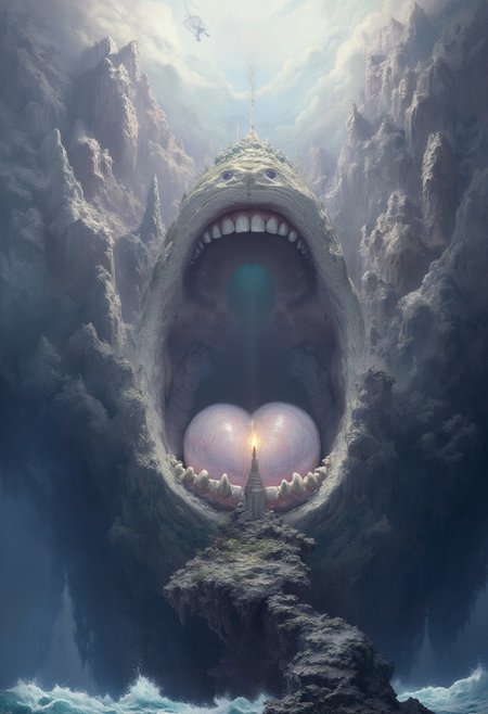 A colossal open mouth forms the surreal landscape, with the lower jaw shaping the terrain. The tongue emerges as an island floating above a turbulent ocean that fills the mouth's interior. A solitary lighthouse stands atop the tongue, casting a glowing beam across the watery expanse. Towering, jagged mountains encircle the scene, blending seamlessly into the surreal form of the jaw. The atmosphere is otherworldly, with muted, dreamy colors and intricate details, illuminated by a soft, ethereal light breaking through misty clouds. Waves crash against the tongue's edges, adding motion and chaos to the surreal environment.