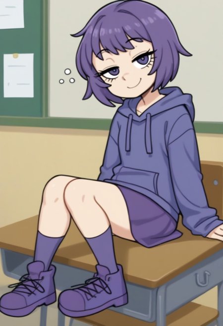 Sh4ri_WYSD, 1 girl, solo, short hair, purple hair, long eyelashes, purple hoodie, purple skirt, purple shoes, sitting on desk, looking at viewer, smiling, sleepy eyes,