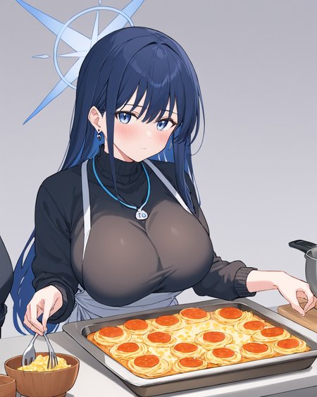 saori \(blue archive\),1girl, halo, large_breasts, apron, turtleneck, cooking, blush, jeans, black_shirt, closed_mouth, 1boy, white_background, long_sleeves, necklace, simple_background, sweater, earrings, looking_at_viewer, sidelocks, food, piercing, upper_body, holding_cup, alternate_costume
<lora:saori_(blue_archive)_image2237_2023-11-28-000010:1>halo. gorgeous,key visual, vibrant, studio anime,award-winning, professional, highly detailed,high budget, cinemascope