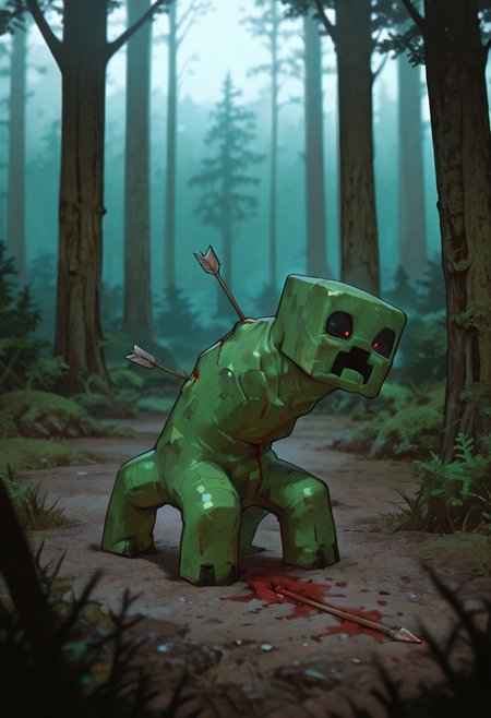 masterpiece, best quality, amazing quality, very aesthetic, absurdres, newest, , detailed background, 
 movie scene, cinematic scene, cinematic, foreground blur, depth of field, 
crpr, no humans, full body, pokemon (creature), open mouth, green skin, black sclera, black mouth, 
embedded arrow, wounds, bleeding, hunched back, forest background,