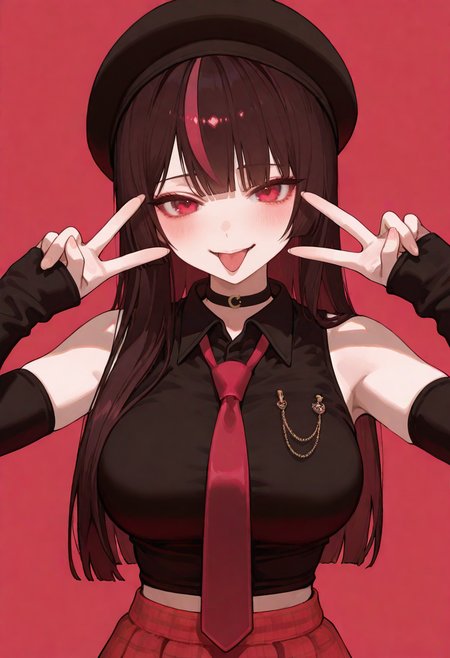 large breasts, detailed body, detailed eyes, narrow waist, (portrait, from front, dynamic pose:1.2), 
mature female, korean, korean idol, (mature eyes:1.2),
(pale skin:1.1), (blush:1.2), (looking at viewer:1.1), smile, tongue out, 
double v, (close-up, upper body:1.1), pink background, simple background, 
(1girl, solo:1.1), 
complexion, healthy glow, long waist, 
masterpiece, best quality, good quality, newest, very aesthetic, absurdres,
<lora:Himeruru:0.7> himeruru, long hair, pink streaked hair, brown hair, thighhighs, sleeveless, choker, detached sleeves, hat, (plaid skirt:1.2), black thighhighs, red skirt, black headwear, skirt, necktie, sleeveless shirt, black shirt,