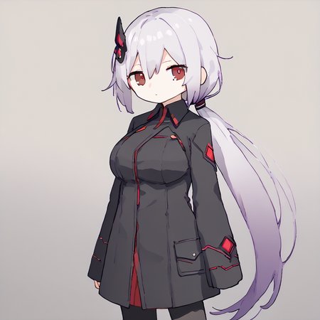 <lora:!:1>,  <lora:darkfalzdouble:0.8> darkfalzdouble, solo, 1girl, red eyes, purple hair, low ponytail, long ponytail, white hair, hair gradient, hair accessories, black coat, long sleeves, black leggings, large breasts