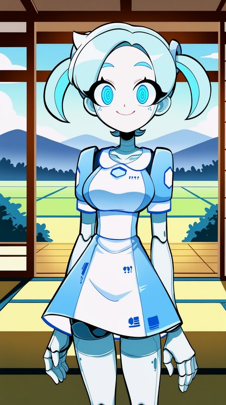 masterpiece, best quality, amazing quality, aesthetic,  absurdres, best quality, 4k, upscale, indoors, tatami, sky, landscape, Robo-Alice, 1girl, solo, android, joints, smile, robot joints, twintails, dress, blue eyes, looking at viewer, blue hair, standing, breasts, ringed eyes, closed mouth, blue dress, pose,  <lora:Robo-Alice_IL:1>