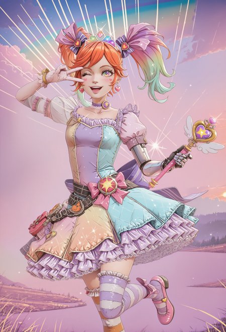 CSGV1.0, cel shading, 3d,  
1girl, gaige, 1girl, orange hair, twintails, twintails, green eyes, (prosthesis), gloves,
gradient eyes, rainbow eyes, pastel rainbow hair, multicolored hair, gradient hair, long hair, (hair ornament:1.2), masterpiece, best quality, absurdres,
(pastel colors, pastel blue, pastel orange, pastel green, pastel purple), pastel rainbow magical girl, padded magical girl dress, kawaii, frilled skirt, striped thighhighs, frilled thighhighs, mismatched thighhighs, padded pastel rainbow dress, multilayered dress, petticoat, padded dress, puffy short sleeves, elbow gloves, rainbow tiara, gem brooch, pastel choker, large bow, ribbons, lace trim, frills, satin, sparkles, glitter, heart earrings, rainbow accessories, jewelry, bobby socks, frilled mary janes, pink shoes, colored shoe soles,
lipgloss, eyelashes, blush, light makeup,  
outdoors, nature, clouds, sunset, backlighting,
solo, cowboy shot, standing on one leg, happy, smile, open mouth, one eye closed, wink, v over eye, one arm up, holding magical girl wand, heart scepter,
intricate, highly detailed, majestic, shallow depth of field, movie still, circular polarizer, light reflections, light particles, particles, sun rays