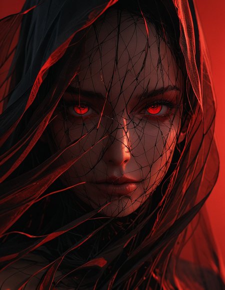 close-up of face from the front, silhouette of beautiful female figure covered with a transparent veil, artistic pose, veil lifted by the wind, movement, minimalist, sensuality, surreal, 3D, black and red tones, frontal lighting <lora:Sinozick:1> <lora:add-detail-xl:1> <lora:detailed_notrigger:1>