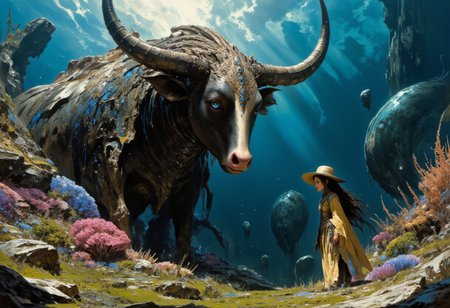 mythp0rt, ArsMJStyle, FFAIM, impressionism, style is detailed and epic, sense of scale A vibrant underwater tableau where the line between oceanic flora and Paulina Bunion, a charming young girl with a wide-brimmed hat, standing next to her extraordinary friend, Babe the Cow. Paulina's bright blue eyes sparkle with joy as she lovingly embraces Babe's massive neck with her tiny arms, her pigtails tied with matching blue ribbons bobbing in the gentle countryside breeze. Babe the Cow, a majestic creature with a heartwarming smile and twinkling eyes, towers above her, showcasing an endearing friendship that transcends species. The duo is situated in a picturesque meadow, surrounded by a quilt of lush green grass and a bouquet of vibrant wildflowers, which sway gracefully in the background. Babe's glossy black-and-white coat is adorned with a wreath of daisies, while her large, floppy ears and pink nose give her an air of whimsy. The setting sun casts a  care for all its inhabitants. The serene scene exudes a sense of pure happiness and companionship, as the unnfused kelp buds. The coral reef in the background is bustling with activity, housing a variety of marine creatures that coexist harmoniously in this peculiar yet thriving habitat.  <lora:FLUX-daubrez-DB4RZ-v2:1> DB4RZ, DB4RZ style painting
