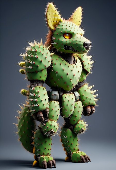 score_9, score_8_up, score_7_up, cs-l3ath3r, NCRender, 
Hidegarurumon is a fierce, wolf-like Digimon covered in rugged, dark brown Prickly Cactus armor. Its fur is sparse and resembles a patchwork of aged, Prickly Cactus  pieces that provide both flexibility and durability. The armor on its body is reinforced with Prickly Cactus  straps and buckles, designed to offer both protection and mobility. Its glowing yellow eyes shine through a mask-like Prickly Cactus  faceplate, and sharp Prickly Cactus claws extend from its paws, capable of tearing through most materials. A large, jagged Prickly Cactus tail swishes behind it, hardened to serve as both a weapon and a tool for balance in combat. NCRender