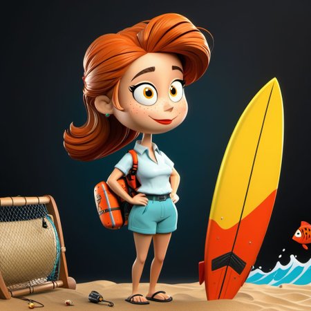 Solid Black background, Beach girl in board shorts with surf board and  fishing gear, super cool, ((top quality,8k wallpaper)),(masterpiece,best quality:1.2),(high_resolution:1.2), black background, cartoon beach people, fishing, funny