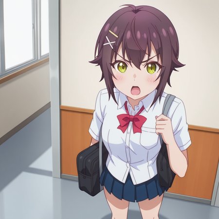 nsfw, masterpiece, best quality, 1girl, solo, the_dreaming_boy_is_a_realist_kei_ashida, full body, standing, green eyes, open mouth, hair ornament, school uniform, bag, shirt, short hair, bow, red bow, school bag, white shirt, x hair ornament, indoors, short sleeves, bowtie, hairclip, looking at viewer, red bowtie, breast pocket, collared shirt, brown hair, v-shaped eyebrows, bangs, blush, hair between eyes,  <lora:Kei_Ashida_-_The_Dreaming_Boy_Is_a_Realist:0.7>