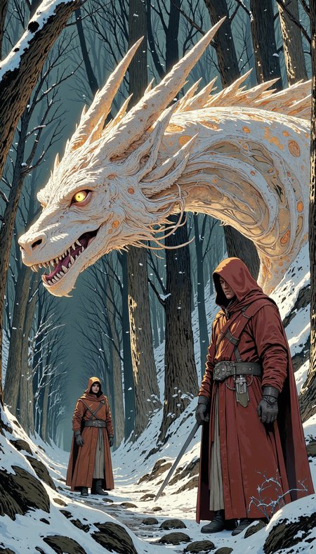 Comic book style, A diaphanous, pearlescent dragon with elongated snout and bifurcated tongue beside a cloaked figure in crimson. Dynamic three-quarter shot, medium, emphasizing the juxtaposition of organic and humanoid forms. Soft, ethereal lighting. Snowy, sylvan background with subtle depth of field. Figure's face inscrutable, conveying quietude and introspection.  Enhance scale of dragon, adding iridescent scales and intricate wing membranes. Deepen background forest with nuanced lighting and atmospheric perspective.