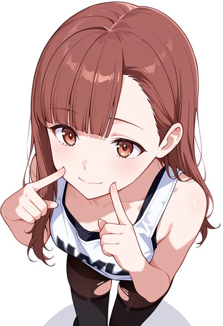 masterpiece,high quality details, absurdres,
 <lora:Nagisa_Satou:0.8>
nagisa_cnr, 1girl, brown hair, long hair, blunt bangs, asymmetrical bangs, brown eyes,, simple background, white background, from above,solo,, light smile,fingersmile,, tank top,hoodie ,torn pantyhose,  ,black thighhighs,