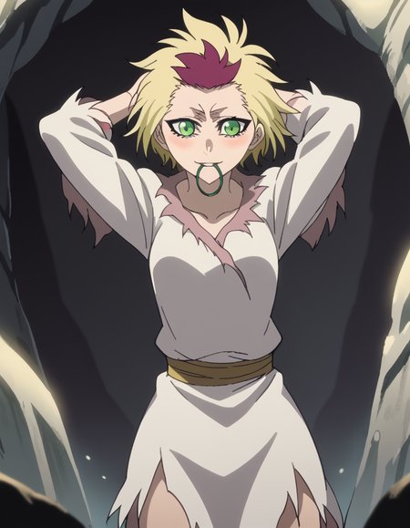 score_9, score_8_up, score_7_up, source_anime, <lora:bleach-homura-movie3-ponyxl-lora-nochekaiser:1>, homura, short hair, blonde hair, green eyes, red hair, multicolored hair, two-tone hair, anime screencap,, torn clothes, long sleeves, collarbone,, cave, darkness, rocks, underground, stalactites, smile, <lora:hair-tie-in-mouth-ponyxl-lora-nochekaiser:1>, hair tie in mouth, hair tie, mouth hold, rubber band, blush, tying hair, adjusting hair, hands in hair, arms up, arms behind head, ponytail, hand in own hair, hair lift, cowboy shot, looking at viewer, looking at viewer, solo,, dutch angle, cowboy shot