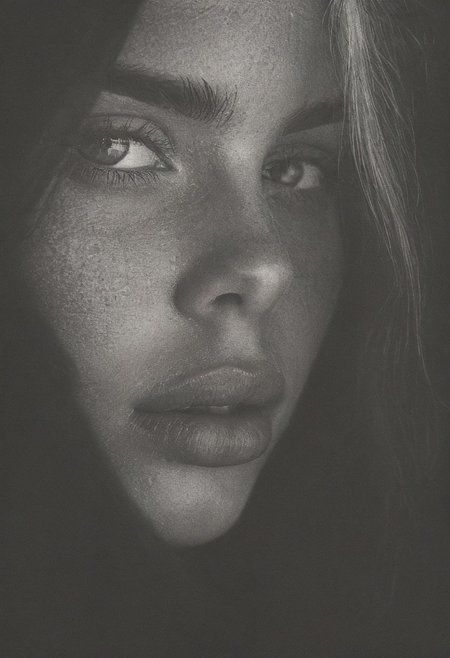 portrait, dark photo of a cute 20-year-old Caucasian woman with (tanned skin:0.8) and (freckles:0.6) and piercing blue eyes and white hair tied back in dreadlocks wearing a tanktop, natural nose, shallow depth of field, vignette, highly detailed, moody, epic, gorgeous, film, atmospheric haze, dynamic lighting