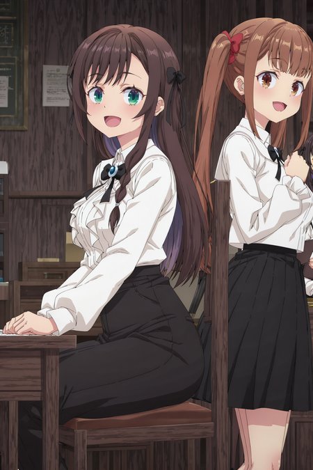 detailed background, shiny skin, posing,
<lora:guilmas.il:1>,
guilmas,
2girls, 
alina, laila, 
clothed girl, 
desk, receptionist, smile, sit, looking at viewer, open mouth, paper, chair, 
side by side,