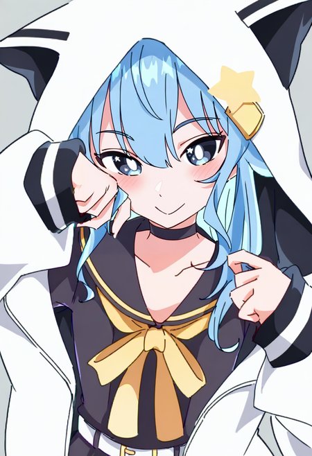 1girl, solo, hoshimachi suisei, virtual youtuber, blue eyes, blue hair, hood, smile, star \(symbol\), looking at viewer, hood up, jacket, choker, long sleeves, bangs, white jacket, blush, hooded jacket, closed mouth, animal hood, sailor collar, hair between eyes, black shirt, belt, star in eye, upper body, shirt, symbol in eye <lora:ixyXL_NBVP1_lokr_V6311PZ:0.95>