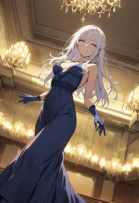 score_9, score_8_up, score_7_up, score_6_up, masterpiece, best quality, absurdres, cinematic, dynamic angle, perfect composition, solo, 1girl, medium breast, gojo satoru, blue eyes, white hair, long hair, evening gown, blue dress, long gloves, ballroom, chandelier, smirk, standing, looking at viewer,