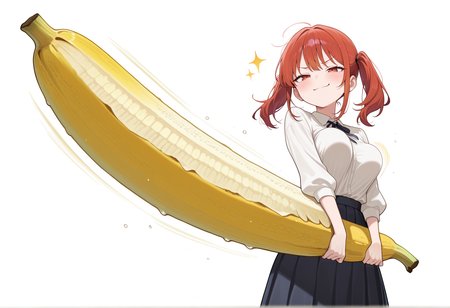 1girl, medium breasts, bouncing breasts, twintails, medium hair, holding banana, smug, closed mouth, brave_pose <lora:Brave_Pose:1>, masterpiece, best quality, amazing quality, very aesthetic, absurdres, highres, newest