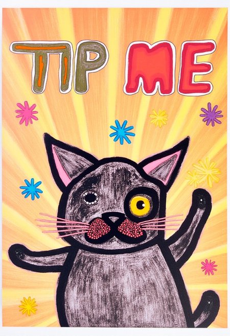 Cool ART BRUT DOG dancing and saying "Tip me" the clear bold text.
colorful striped backdrop and explosions.