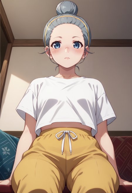 score_9, score_8_up,
1girl, <lora:NikawaUmikawa_OffSeason_PDXL:0.9>, nikawaumikawa, blue eyes, single hair bun, grey hair, yellow hairband,
lowleg pants, sitting, looking at viewer, from below,
blush,
indoors