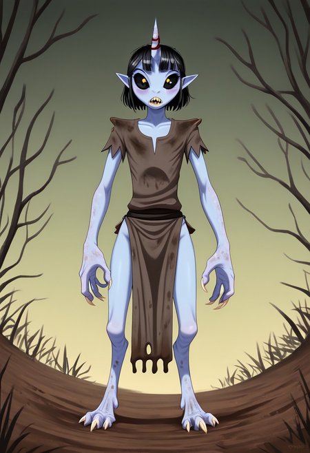 ((Alien humanoid)),
((Alien species)), solo, androgynous, aquatic features 
blue skin, ((webbed hands, skin between fingers)),
((No nose)):1.3, ((nostrils only, nostril slits, vertical nasal slits, narrow nostrils)):1.5, ((narrow eyes)), ((black sclera, black irises)), smooth skin,  pointy ears, small ears, tiny ears, holes in skin, forehead horn, short horn, veiny horn, ((single horn)):1.0, ((4 fingers)), fingernails, thin lips, ((black hair)), ((short hair, spiky hair)), sharp teeth, ((digitigrade legs)), bent legs,
full body shot
ragged clothes, muddy clothes, loincloth, tunic, dirty
Medieval style, fantasy style,
((Variety)):1.2
((dutch angle, 3/4 view))
river background
fully clothed, loose clothing, clean lines, smooth colors, detailed fingers, sfw, source: realistic, rating: pg, score: 8 up, score: 9