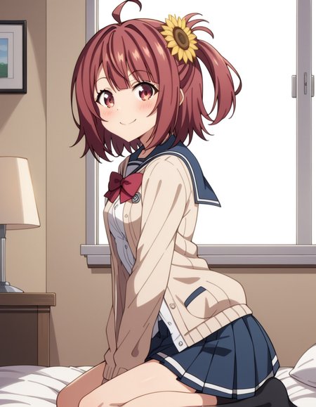 score_9, score_8_up, score_7_up, source_anime, uncensored, <lora:StS_detail_slider_v1:3>, zPDXLxxx, <lora:Aoi_Hinata_PONYXL_VexVexX:1>, AoiHinata, 1girl, red eyes, red hair, short hair, one side up, ahoge, hair ornament, hair flower, sunflower hair ornament, small breasts, school uniform, serafuku, pleated skirt, cardigan, red bow, cowboy shot, bedroom, from side, Kneeling on both knees with legs apart, torso upright with arms stretched out to the sides, thighs, looking at viewer, smile