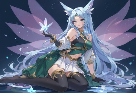 (score_9:0.9),score_8_up,score_7_up,rating_safe,anime style,(zPDXL),<lora:Apollousa, Bow of the Goddess ponyXL v1:0.76>,apollousa bow of the goddess,1girl,solo,black elbow gloves,smile,looking at viewer,black thighhighs,forehead jewel circlet,simple background,medium breasts,green dress,on side,full body,fairy wings,leak,at night,
