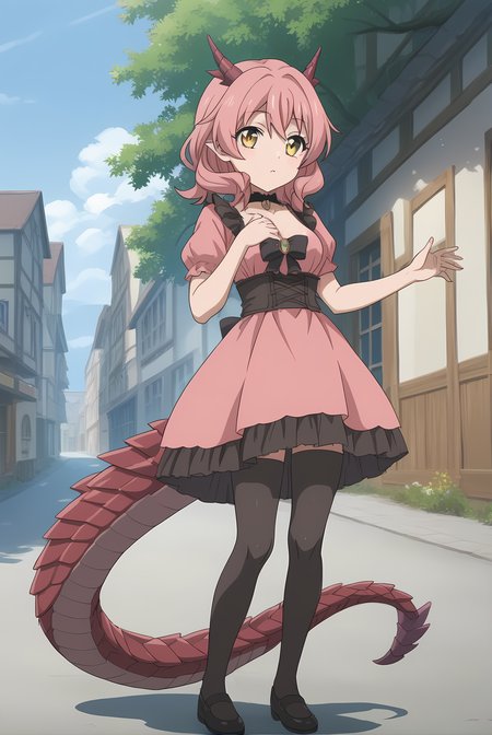 (:1.30), km-hanako, yellow eyes, pink hair, medium hair, short horns, dragon tail, medium breasts, 1girl, solo, skinny, score_9, score_8_up, score_8, score_7_up, score_7, score_6_up, score_6, score_5_up, score_5, source_anime, blush, outdoors, (full body:1.20), (:1.20), feet, <lora:km-hanako-V01-000002:0.80>