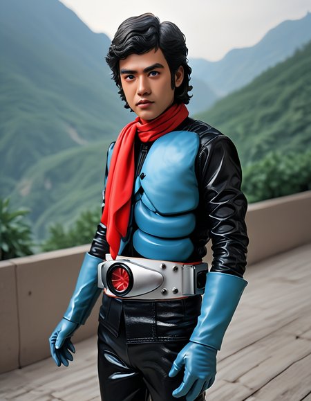 score_9, score_8_up, score_7_up, source_real,realistic, photorealistic, BREAK <lora:detailed_notrigger:1> <lora:zy_Detailed_Backgrounds_v1:1> extremely detailed, detailed background,
 <lora:BDpony_KamenRider1_V1-5696:0.9>, KamenRider1_HongoTakeshi, 1boy, male focus, gloves, black hair, solo, scarf, red scarf, blue gloves, belt, black eyes, looking at viewer, pants, black pants, standing, curly hair, outdoor, Mountain